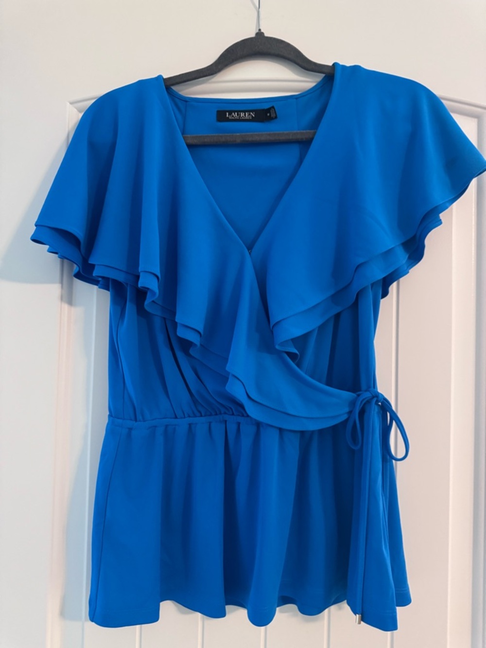 Ralph Lauren Bright Blue Ruffle Wrap Blouse
